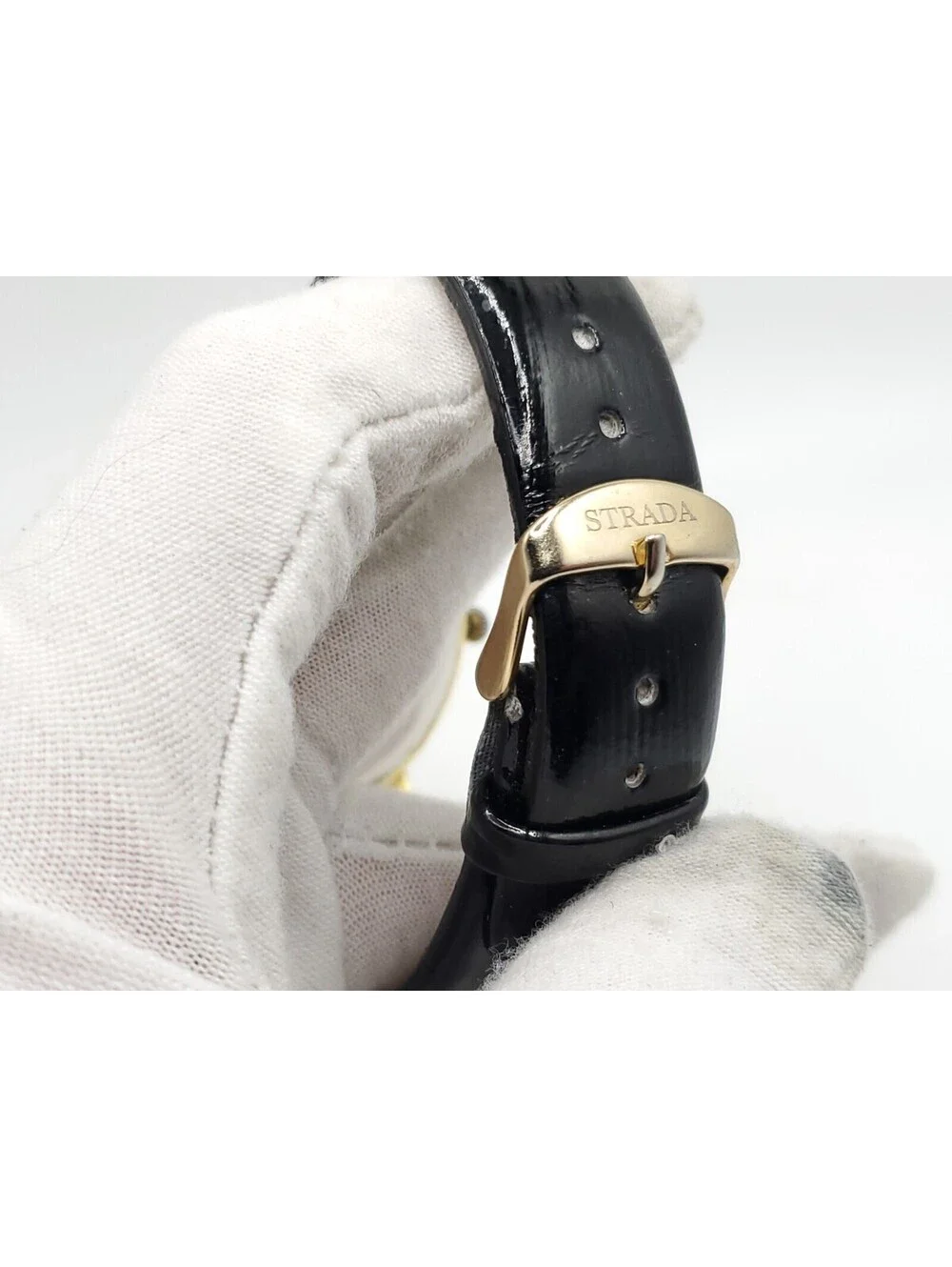 Strada Prisim Gem Quartz Watch Women New Battery Gold Tone Rhinestone Bezel 43mm